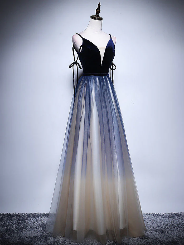 ELegant A Line Spaghetti Straps V Neck Dark Blue Tulle Long Prom Dress,Evening Dress GG316
