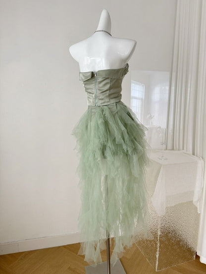 Unique A Line Strapless Satin Tulle Short Prom Dress,Homecoming Dress,Birthday Dress GG3178