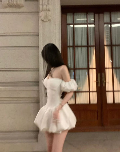 Unique A Line Off The Shoulder White Satin Short Prom Dress,Homecoming Dress,Birthday Dress GG3184