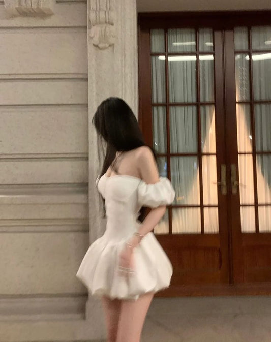 Unique A Line Off The Shoulder White Satin Short Prom Dress,Homecoming Dress,Birthday Dress GG3184