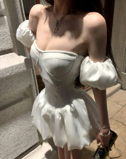 Unique A Line Off The Shoulder White Satin Short Prom Dress,Homecoming Dress,Birthday Dress GG3184