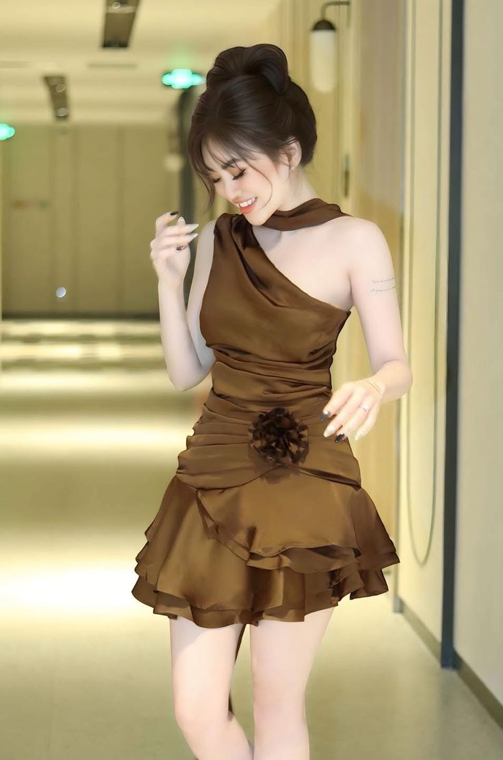 Brown A Line One Shoulder Satin Short Prom Dress,Homecoming Dress,Birthday Dress GG3186
