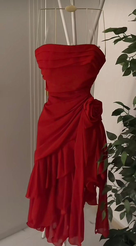 Red A Line Strapless Chiffon Short Prom Dress,Homecoming Dress,Birthday Dress GG3187