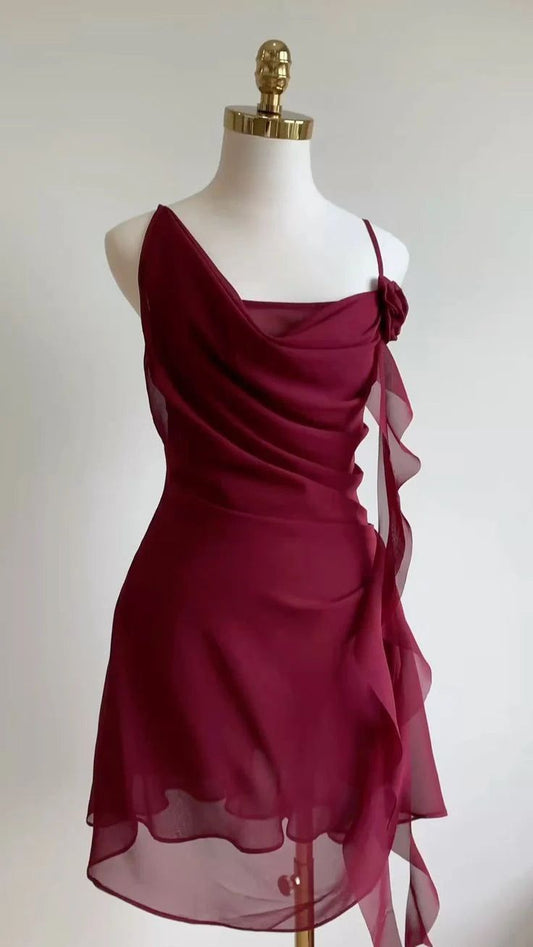 Burgundy A Line Spaghetti Straps Chiffon Short Prom Dress,Homecoming Dress,Birthday Dress GG3188