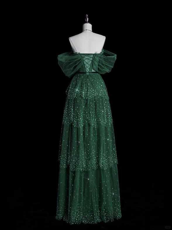 Shiny A Line Off The Shoulder Green Beaded Tulle Layers Long Prom Dress,Evening Dress GG318