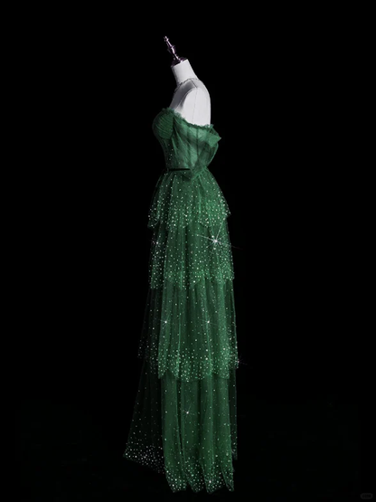 Shiny A Line Off The Shoulder Green Beaded Tulle Layers Long Prom Dress,Evening Dress GG318