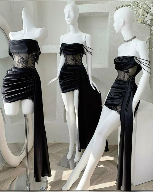 Black A Line Off The Shoulder Satin Lace Short Prom Dress,Homecoming Dress,Birthday Dress GG3190