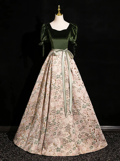 Elegant A Line Green Velvet Floral Satin Short Bubble Sleeves Long Prom Dress,Evening Dress GG320