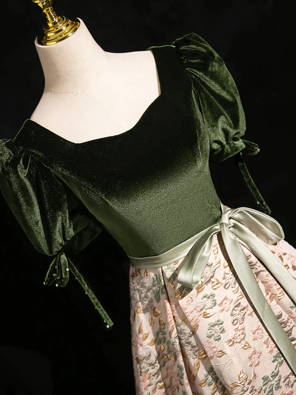 Elegant A Line Green Velvet Floral Satin Short Bubble Sleeves Long Prom Dress,Evening Dress GG320