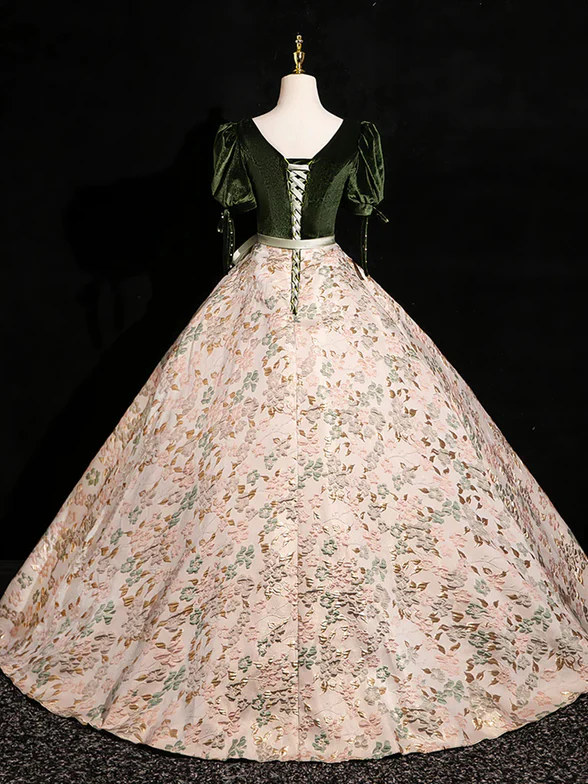 Elegant A Line Green Velvet Floral Satin Short Bubble Sleeves Long Prom Dress,Evening Dress GG320