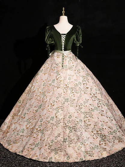Elegant A Line Green Velvet Floral Satin Short Bubble Sleeves Long Prom Dress,Evening Dress GG320