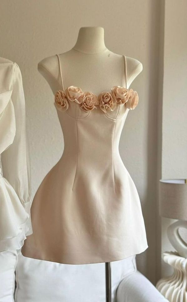 Champagne A Line Spaghetti Straps Satin Flowers Short Prom Dress,Homecoming Dress,Birthday Dress GG3214