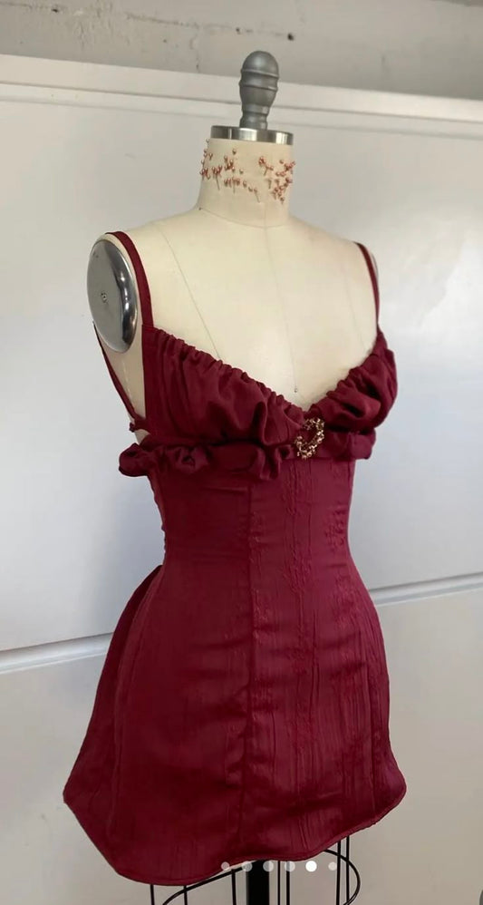 Sexy Burgundy A Line Spaghetti Starps Satin Lace Short Prom Dress,Homecoming Dress,Birthday Dress GG3216