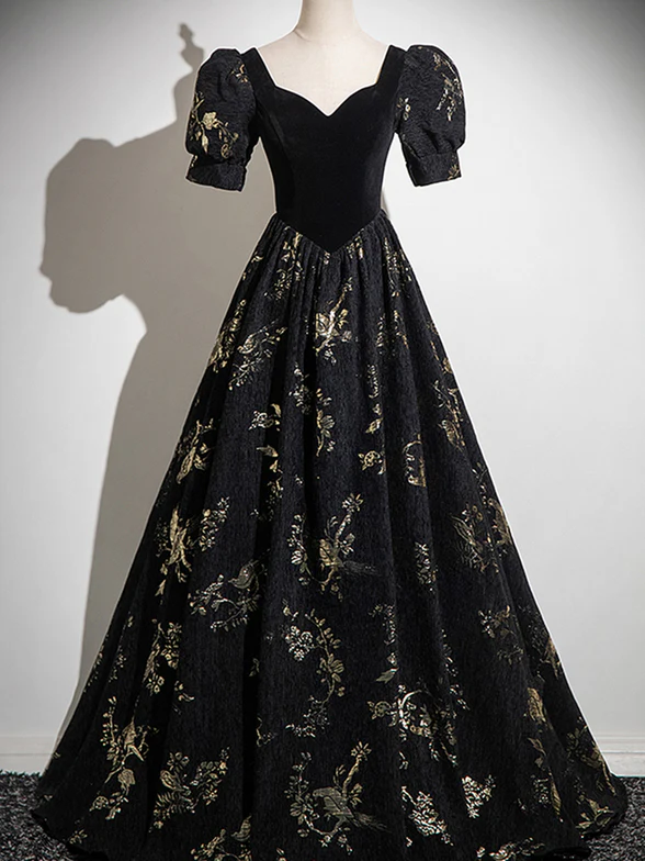 Elegant A Line Sweetheart Black Velvet Floral Satin Short Bubble Sleeves Long Prom Dress,Evening Dress GG321