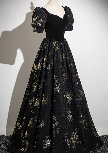 Elegant A Line Sweetheart Black Velvet Floral Satin Short Bubble Sleeves Long Prom Dress,Evening Dress GG321