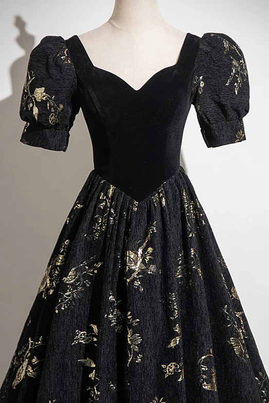 Elegant A Line Sweetheart Black Velvet Floral Satin Short Bubble Sleeves Long Prom Dress,Evening Dress GG321