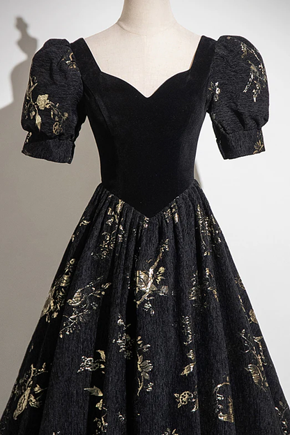 Elegant A Line Sweetheart Black Velvet Floral Satin Short Bubble Sleeves Long Prom Dress,Evening Dress GG321
