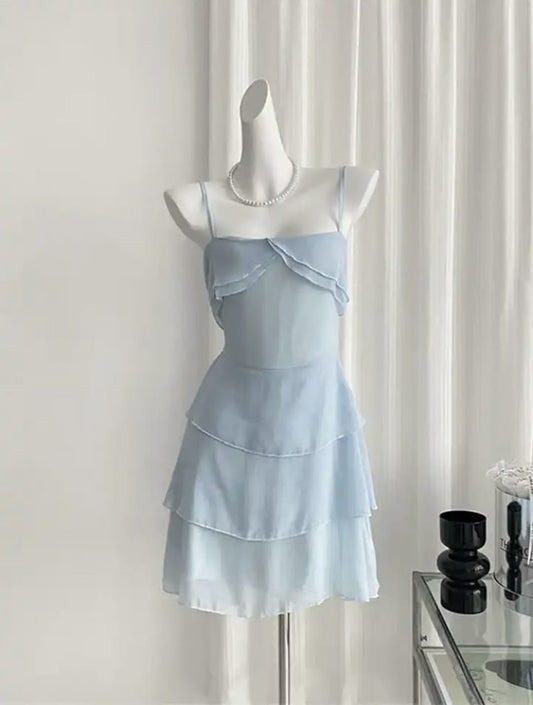 Pale Blue A Line Spaghetti Starps Chiffon Tiered Short Prom Dress,Homecoming Dress,Birthday Dress GG3220