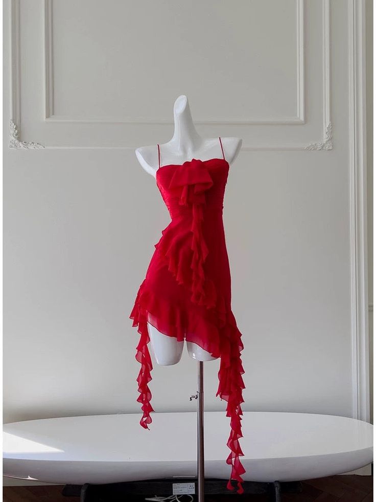 Red A Line Spaghetti Starps Chiffon Ruffles Short Prom Dress,Homecoming Dress,Birthday Dress GG3224