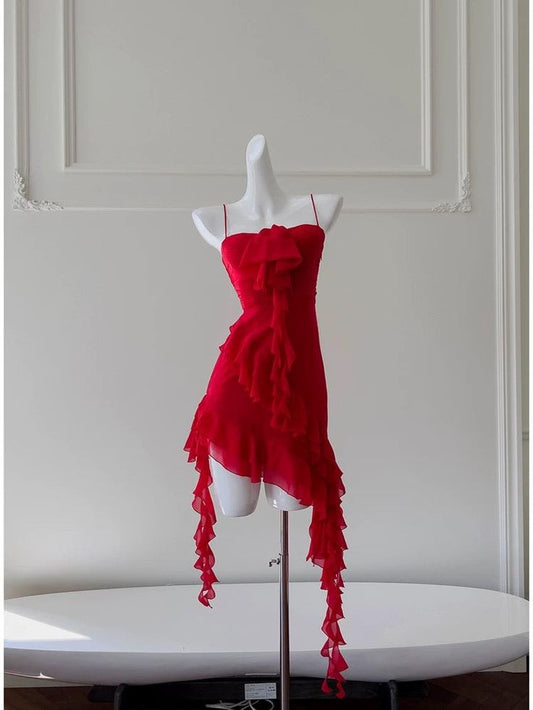 Red A Line Spaghetti Starps Chiffon Ruffles Short Prom Dress,Homecoming Dress,Birthday Dress GG3224