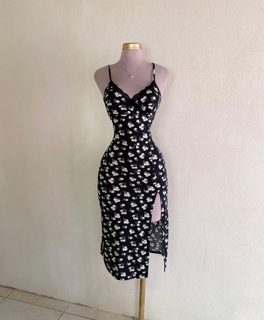 Chic Mermaid Spaghetti Straps Satin Printing Floral Slit Short Prom Dress,Homecoming Dress,Birthday Dress GG3233