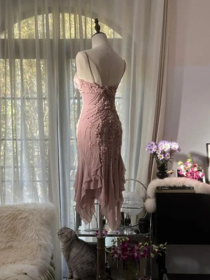 Pretty Mermaid Spaghetti Straps Dusty Pink Chiffon Beaded Short Prom Dress,Homecoming Dress,Birthday Dress GG3238