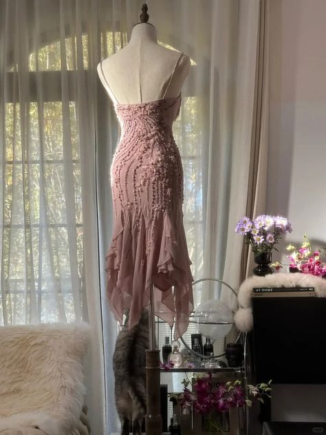 Pretty Mermaid Spaghetti Straps Dusty Pink Chiffon Beaded Short Prom Dress,Homecoming Dress,Birthday Dress GG3238