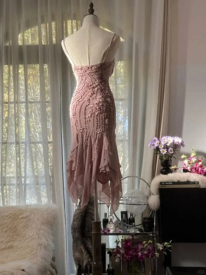 Pretty Mermaid Spaghetti Straps Dusty Pink Chiffon Beaded Short Prom Dress,Homecoming Dress,Birthday Dress GG3238