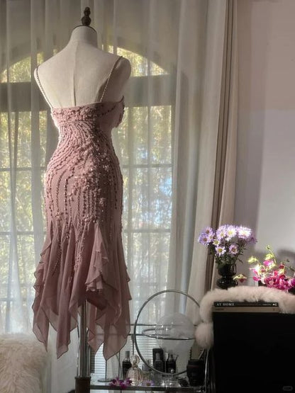 Pretty Mermaid Spaghetti Straps Dusty Pink Chiffon Beaded Short Prom Dress,Homecoming Dress,Birthday Dress GG3238