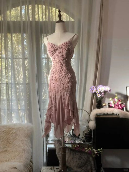 Pretty Mermaid Spaghetti Straps Dusty Pink Chiffon Beaded Short Prom Dress,Homecoming Dress,Birthday Dress GG3238