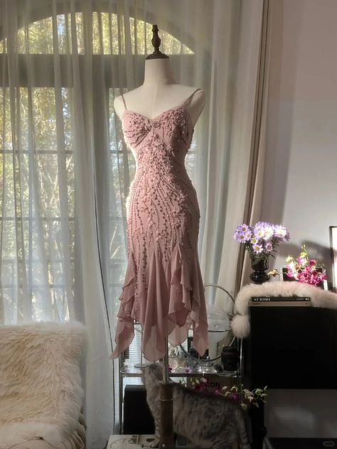 Pretty Mermaid Spaghetti Straps Dusty Pink Chiffon Beaded Short Prom Dress,Homecoming Dress,Birthday Dress GG3238