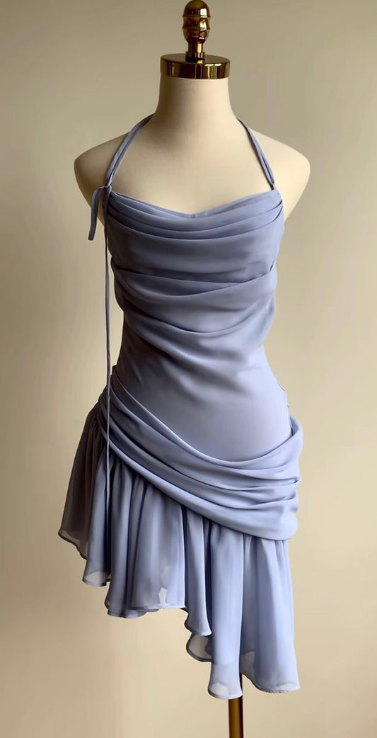 Lavender Mermaid Halter Chiffon Pleated Short Prom Dress,Homecoming Dress,Birthday Dress GG3252