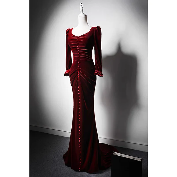 Chic Mermaid Wine Red Velvet Buttons Long Sleeves Long Prom Dress,Evening Dress GG325