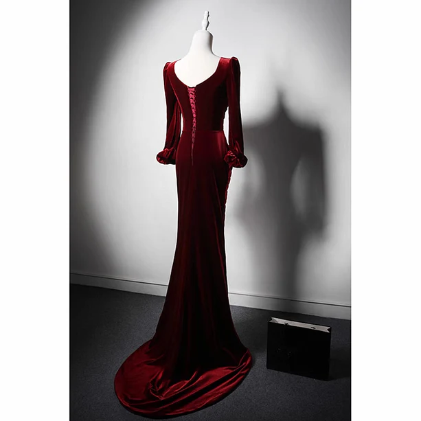 Chic Mermaid Wine Red Velvet Buttons Long Sleeves Long Prom Dress,Evening Dress GG325