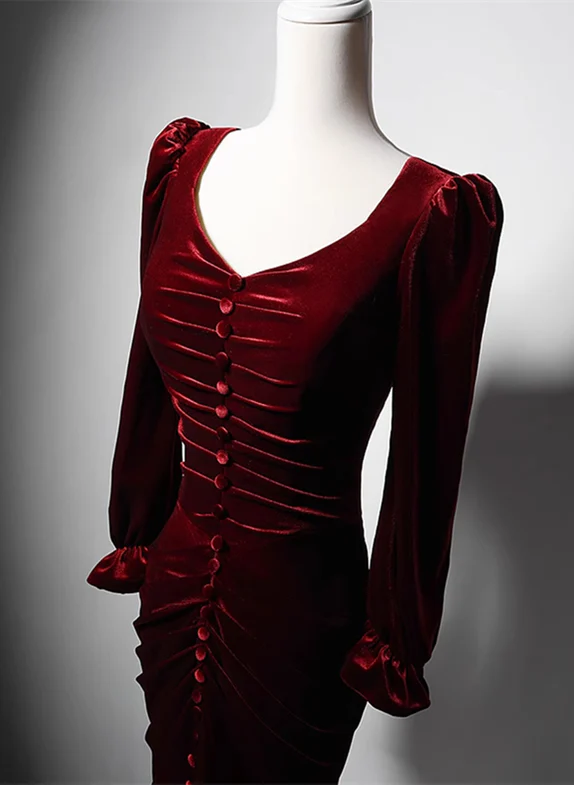 Chic Mermaid Wine Red Velvet Buttons Long Sleeves Long Prom Dress,Evening Dress GG325
