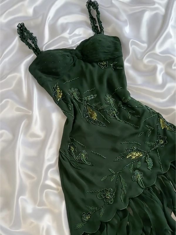 Dark Green A Line Spagehtti Straps Chiffon Applqiue Ruffles Short Prom Dress,Homecoming Dress,Birthday Dress GG3267