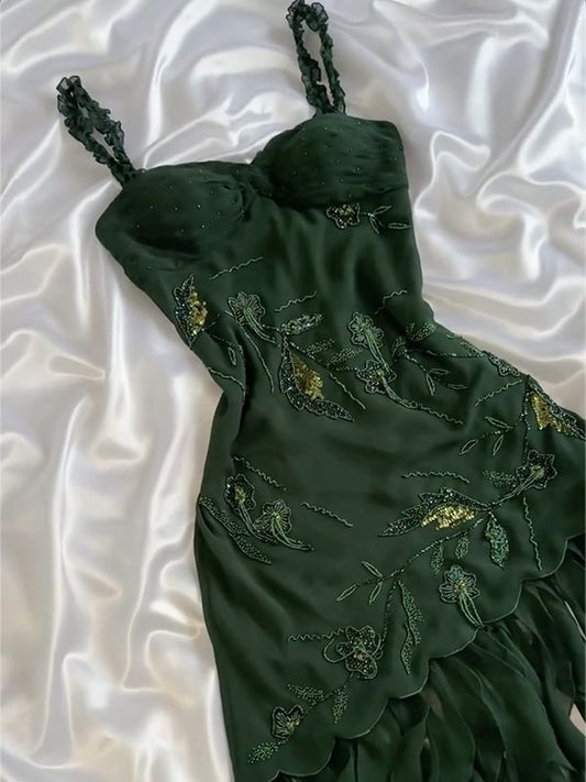 Dark Green A Line Spagehtti Straps Chiffon Applqiue Ruffles Short Prom Dress,Homecoming Dress,Birthday Dress GG3267