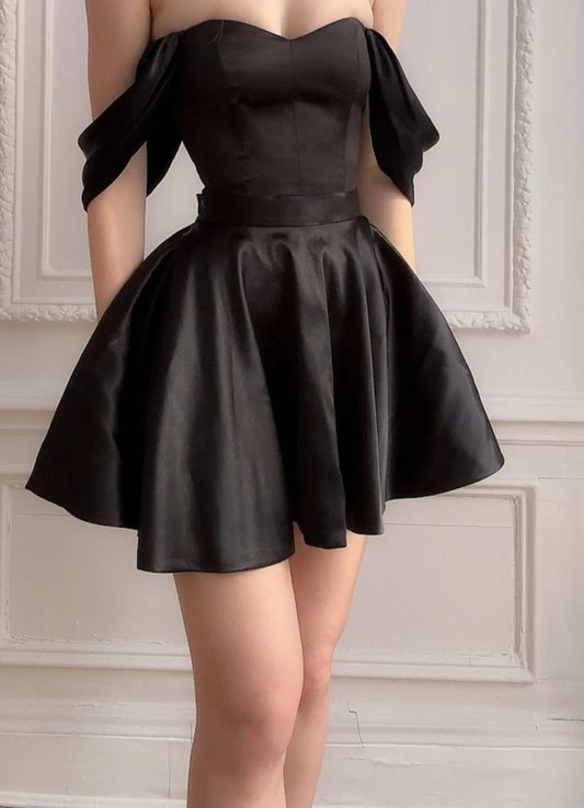 Black A Line Off The Shoulder Satin Short Prom Dress,Homecoming Dress,Birthday Dress GG3289