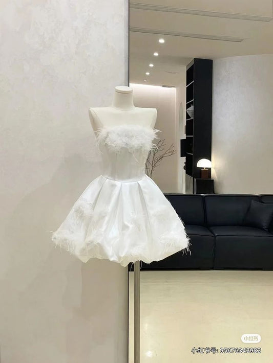 Cute A Line Strapless Satin Feather Short Prom Dress,Homecoming Dress,Birthday Dress GG3293