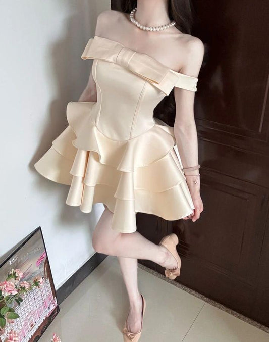 Champagne A Line Off The Shoulder Satin Short Prom Dress,Homecoming Dress,Birthday Dress GG3298