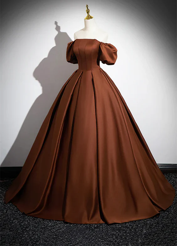 ELegant Ball Gown Square  Short Bubble Sleeves Satin Long Prom Dress,Evening Dress GG329