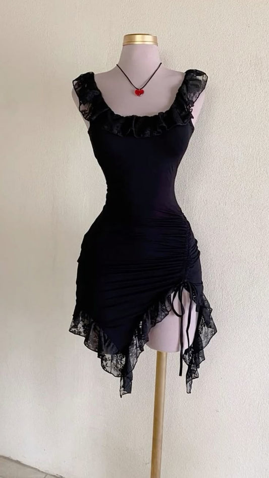 Sexy Mermaid U Neck Black Satin Lace Short Prom Dress,Homecoming Dress,Birthday Dress GG3305