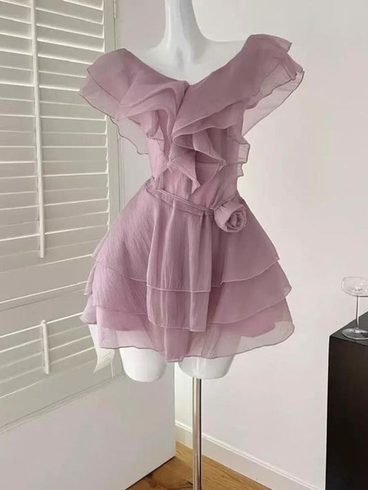 Dusty Rose A Line Chiffon Tiered Short Prom Dress,Homecoming Dress,Birthday Dress GG3317