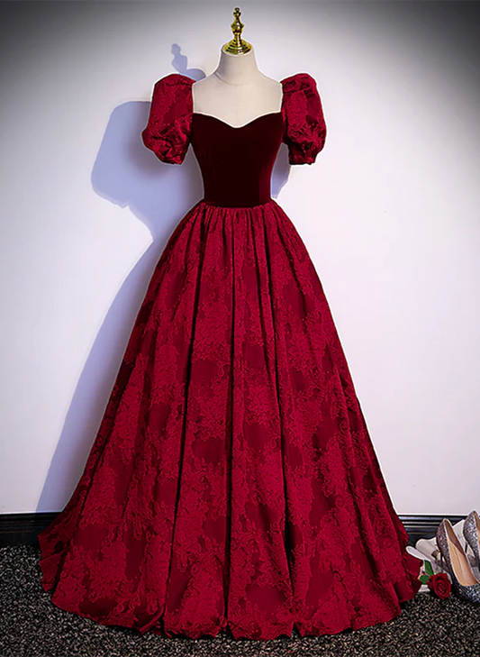 Elegant A Line Sweetheart Red Velvet Floral Satin Short Bubble Sleeves Long Prom Dress,Evening Dress GG331
