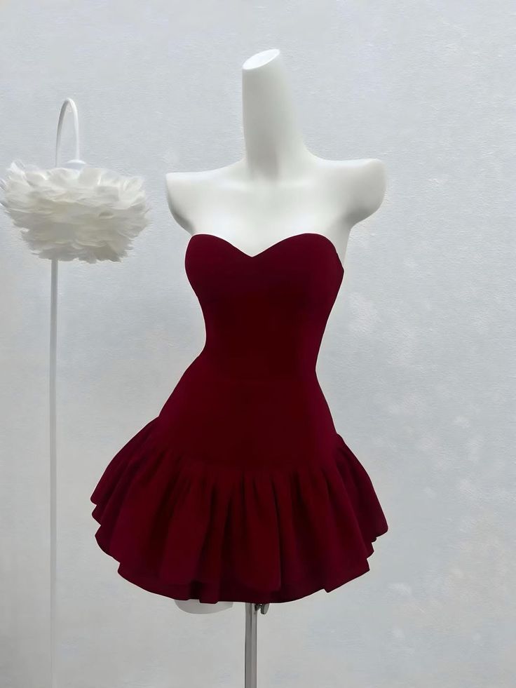 Burgundy A Line Strapless Satin Short Prom Dress,Homecoming Dress,Birthday Dress GG3324