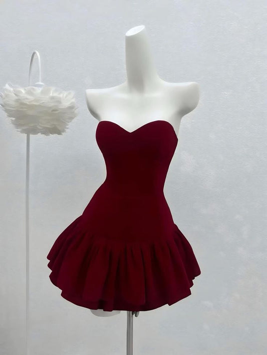 Burgundy A Line Strapless Satin Short Prom Dress,Homecoming Dress,Birthday Dress GG3324