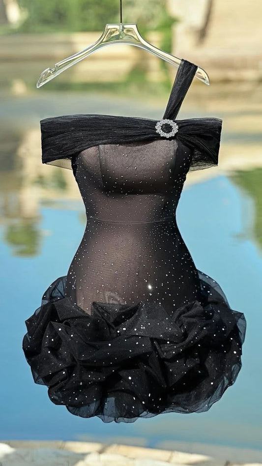 Black A Line One Shoulder Tulle Beaded Short Prom Dress,Homecoming Dress,Birthday Dress GG3328
