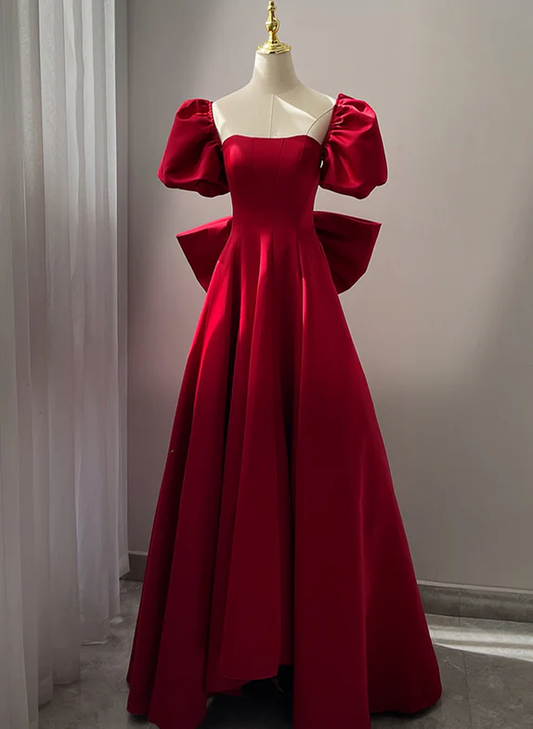 Elegant A Line Sweetheart Red Satin Short Bubble Sleeves Back Bow Long Prom Dress,Evening Dress GG332