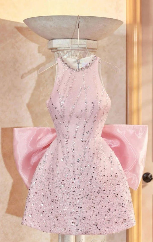 Pink A Line Halter Satin Sequin Beaded Back With Bow Short Prom Dress,Homecoming Dress,Birthday Dress GG3330