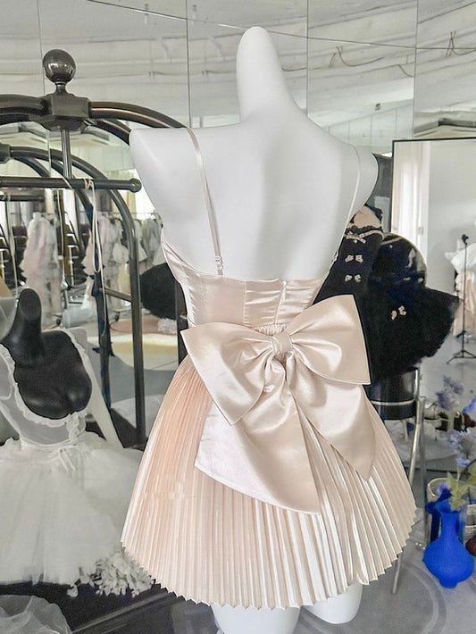 Cute A Line Spaghetti Straps Light Champagne Satin Back With Bow Short Prom Dress,Homecoming Dress,Birthday Dress GG3331